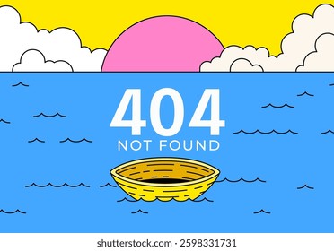 404 error page illustration featuring an empty floating boat on the ocean with a vibrant sunset and clouds