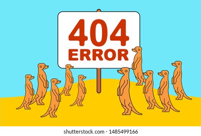 404 error page and Meerkats in desert. Meerkat family stand and wait. Small mongoose sign. Web page not found. vector illustration