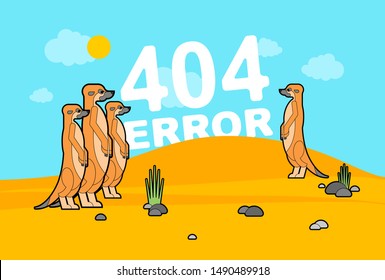404 error page and Meerkats in desert. Meerkat family stand and wait. Small mongoose sign. Web page not found. vector illustration