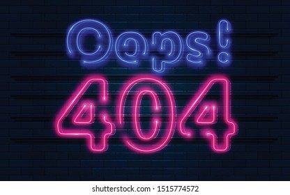 404 error page Neon Sign Vector, design element, light banner, announcement neon signboard, night neon advensing. Vector Illustration