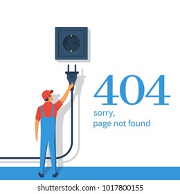 404 Error, page not found. Connection error. Electrical outlet and plug in hand man disabled, concept. Isolated on background. Vector illustration flat design. Network support service.