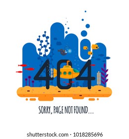 404 error page not found concept with undersea world isolated on white background. Yellow submarine with periscope - flat vector illustration