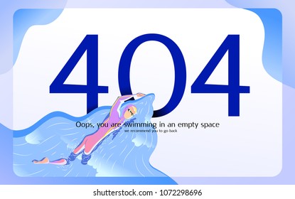 404 error page not found illustration a man swimming in an empty space water, empty landing page, page you are looking is not available, internet disconnect, website cannot found