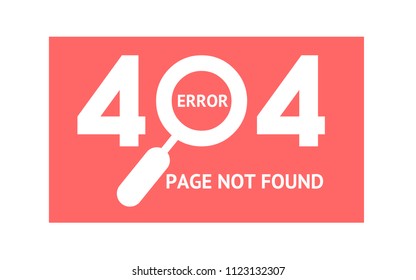 404 error page not found, isolated in red background. Vector template with magnifier (loupe) for search. Concept layout for web page.