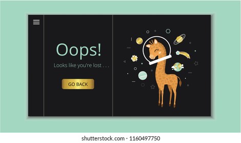 404 error page. Page not found.  Vector 
 template with cute giraffe character lost in space. Design for websites. Oops! Looks like you'r lost.