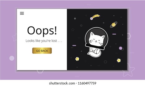 404 error page. Page not found.  Vector 
 template with cute cat character lost in space. Design for websites. Oops! Looks like you'r lost.