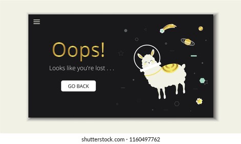404 error page. Page not found.  Vector 
 template with cute llama character lost in space. Design for websites. Oops! Looks like you'r lost.