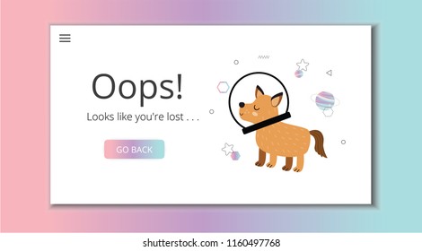 404 error page. Page not found.  Vector 
 template with cute dog character lost in space. Design for websites. Oops! Looks like you'r lost.