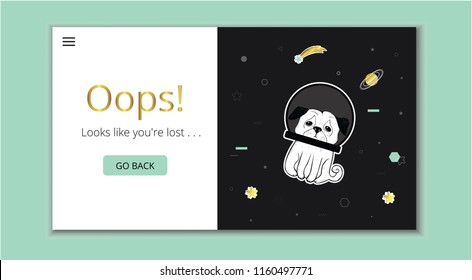 404 error page. Page not found.  Vector 
 template with cute dog character lost in space. Design for websites. Oops! Looks like you'r lost.