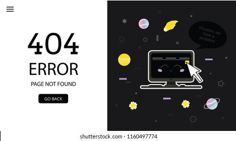 404 error page. Page not found.  Vector 
 template with cute computer desktop character lost in space. Design for websites. Houston we have a problem