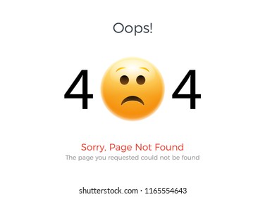 404 error page not found. Emoji sad smile. Vector illustration web design of 404 site page.