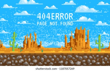 404 error page. not found. Landscape background, pixel art, 8-bit game digital vintage style for web site. clouds over the mountains. internet connection problem concept.