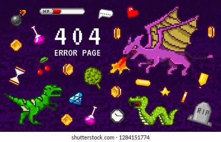 404 Error page not found. Pixel art 8 bit objects. Retro game assets. Set of icons. Vintage computer video arcades. Vector illustration. Background for web site.