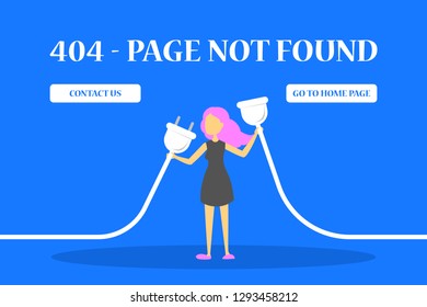 404 error page not found banner for website. Web page design concept. Woman with plug and socket. Problem with internet and lost connection.