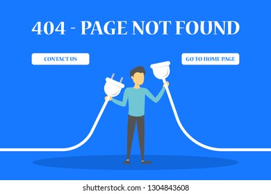 404 error page not found banner for website. Web page design concept. Woman with plug and socket. Problem with internet and lost connection.