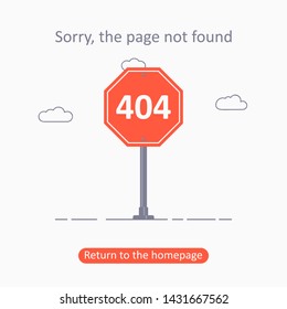 404 error. Page not found template with traffic sign. Design for web page - disconnect banner for website. Vector illustration.