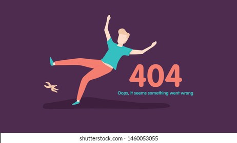 404 error page not found. Guy slipped by a banana. Went wrong. Vector flat cartoon illustration.