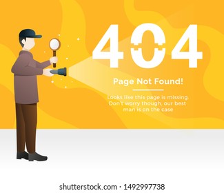 404 error page not found. A man investigates the problem. System updates, Uploading, Operation, Computing, Installation programs. System maintenance