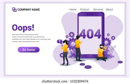 404 error page not found concept with people having problems with website on mobile phone. Can use for web banner, infographics, landing page, website template. Flat vector illustration