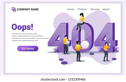 404 error page not found concept with people working on laptops searching and trying to fix errors. Can use for web banner, infographics, landing page, website template. Flat vector illustration