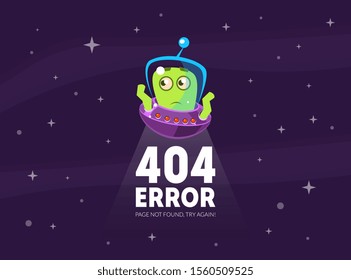 404 Error, Page Not Found, Try Again Banner Template with Cute Funny Alien in Spaceship Vector Illustration