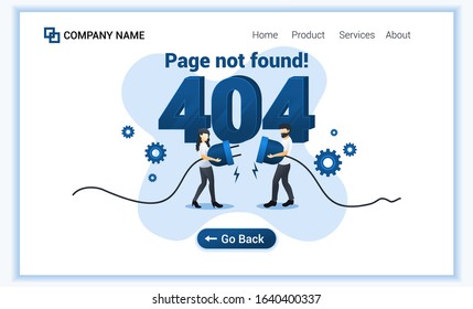 404 error page not found concept with a man and woman trying to connecting network cable problem. Can use for web banner, infographics, landing page, website template. Flat vector illustration