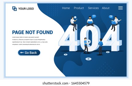 404 error page not found concept with people working on laptops searching and trying to fix errors. Can use for web banner, infographics, landing page, website template. Flat vector illustration