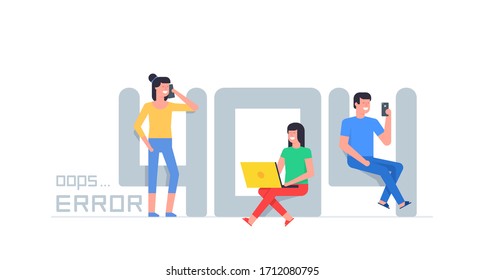 404 Error Page. Page Not Found Error 404. Guys and women sitting near big symbol 404. Flat Style. isolated on white background