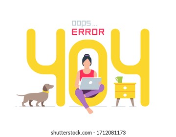 404 Error Page. Page Not Found Error 404. Girl sitting near big symbol 404. Flat Style. isolated on white background