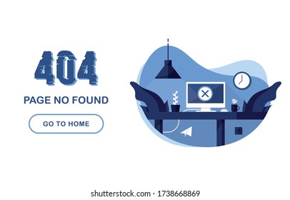 404 error page not found. Go to home banner. System error, broken page. Interior with computer and desk. For website. Problem Report. Blue and White. Eps 10