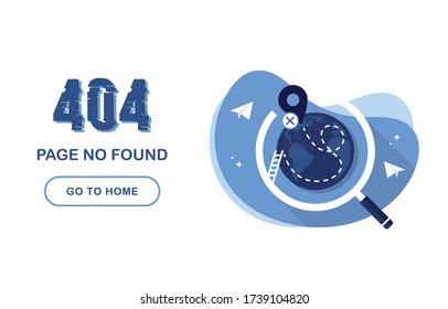 404 error page not found. Go home banner. System error, broken page. For website. Planet earth under a magnifying glass. Geolocation tag. Way. Paper airplanes. Problem Report. Blue and White. Eps 10