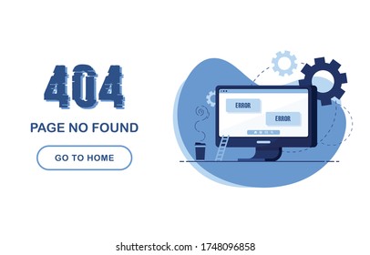 No se encontró la página de error 404. Anuncio de casa. Error del sistema, página rota. Interior con ordenador y escritorio. Para sitio web. Informe de problemas. Azul y blanco. Eps 10