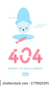 404 error page not found. Vertical banner or website with system fatal Error.Support service. Ice hole, cute seal and hooked fish. Technical problem. racked numbers. Vector illustration in flat style