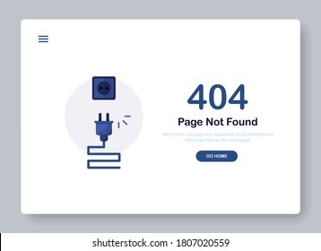 404 error page not found banner. Cable and socket. Cord plug. System error, broken page. Disconnected wires from the outlet. Popping window for website. Web Template. Blue. Eps 10