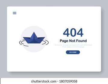 404 error page not found banner. Go to home. Origami paper boat or ship. System error, broken page. Сircles on the water. Popping window for website. Web Template. Blue. Eps 10