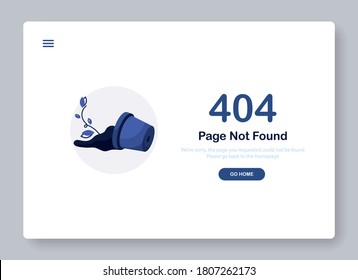 404 error page not found. Go to home banner. System error, broken page. Shattered pot with flower and soil. Popping window for website. Web Template. Blue. Eps 10