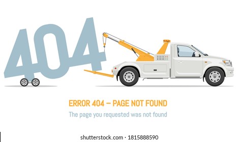 404 error page not found design with tow truck on white background. Webpage banner, search result message vector illustration.