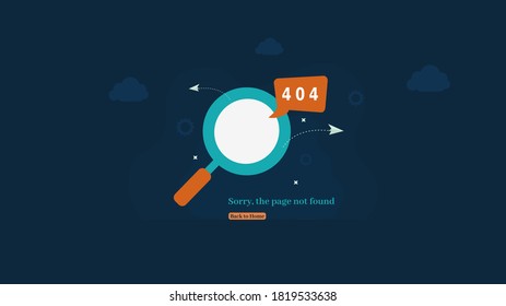 404 error page not found, updating system, installation progress. magnifying glass search vector illustration