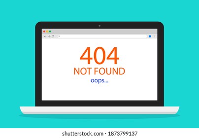 404 error. Page not found in internet. Web oops in laptop screen. Broken of network or website on computer. Trouble message in browser. Death of ethernet connection or hosting. Vector.