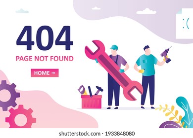 404 error, page not found, landing page template. Two repairman with wrench and drill. Service man in uniform. Male workers and box with tools. Disconnection, loading problems. Vector illustration