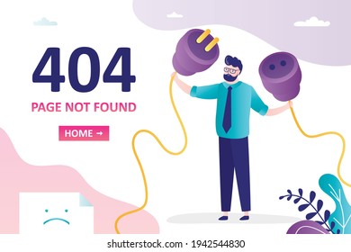 404 error, page not found, landing page template. Businessman trying to connect wires. Male character holding plug and socket. Disconnection, error page. Worker pull cables towards each other. Vector