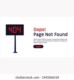 error 404, página no encontrada plantilla de sitio web. Cartel con 404 números de neón rojo. Ilustración vectorial para diseño web e interfaz de usuario en estilo plano. Diseño de página de aterrizaje