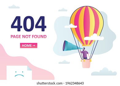 404 error, page not found, landing page template. Funny man is flying in hot air balloon. Male character looking through large spyglass. Disconnection, error page. Flat vector illustration