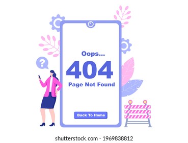 404 Error And Page Not Found Vector Illustration. Lost Connect Problem, Warning Sign, Or Site Breakdown. Landing Page Template