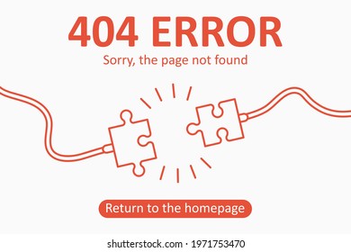 404 error. Page not found template with electric plug and socket in puzzles pieces form. Design for web page - disconnect banner for website. Vector illustration.