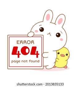 404 error Page not found. Sad kawaii bunny and duckling with Error message. Cute little duck and rabbit apologize.  System maintenance, updates, uploading, operation, computing. Vector EPS8 