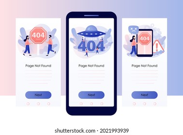 404 error. Page not found. System updates, installation programs, system maintenance. Screen template for mobile, smartphone app. Modern flat cartoon style. Vector illustration on white background