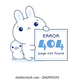 404 error Page not found. Sad kawaii bunny and duckling with Error message. Cute little duck and rabbit apologize.  System maintenance, updates, uploading, operation, computing. Vector EPS8 