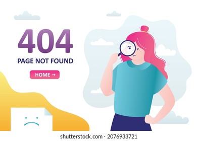 404 error, page not found, landing page template. Unhappy female user looking for page with magnifying glass. Disconnection, connect problem, error page. Flat vector illustration