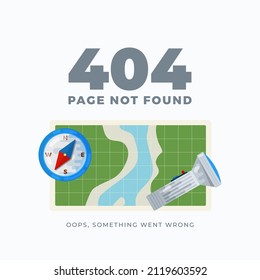 404 error page not found illustration for websites under construction. With map, compass and flashlight search illustration. Isolated